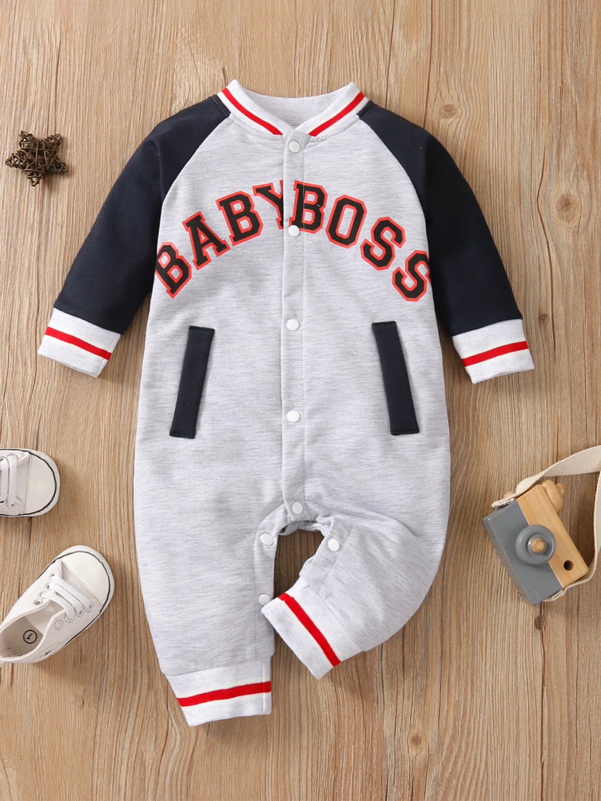 Cute Personalized Baby Boy Jumpsuit Fashionable Letter Print Long Sleeved Round Neck Comfortable Clothing for Infants