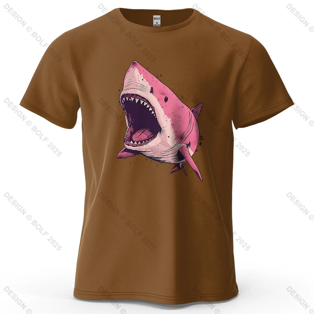Pink Shark Cartoon Image Printed Men's T-Shirt 100% Cotton Oversized Marine Life Graphic Tees for Women Tops Tees Streetwear