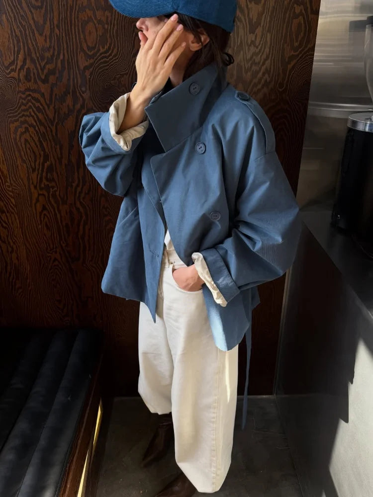 Women Chic Double Breasted Casual Trench Coat Stand Collar Full Sleeve Blue Lace-up Loose Windbreaker Lady Commute Coats 2026
