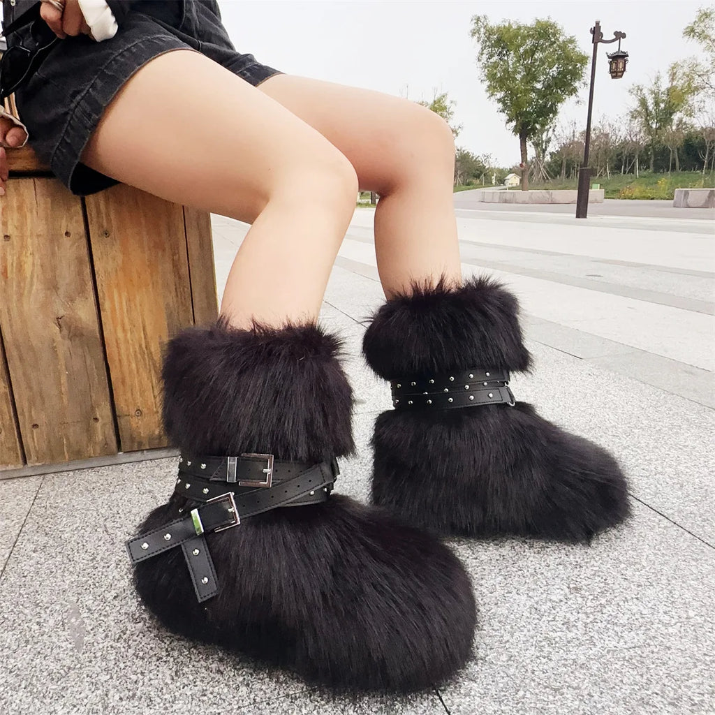 Winter Fur New Design Onepiece Raccoon FurFemale Snow Boots Fur shoes OutdoorMid Leg Boots y2k Cool Pink Girl