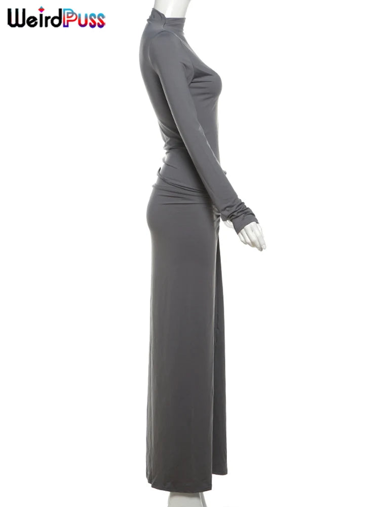 Weird Puss Hipster Ruched Dress Women O-Neck Full Sleeve Skinny Stretch Robe Autumn Trend Simple Classic Pleats Long Bodycon