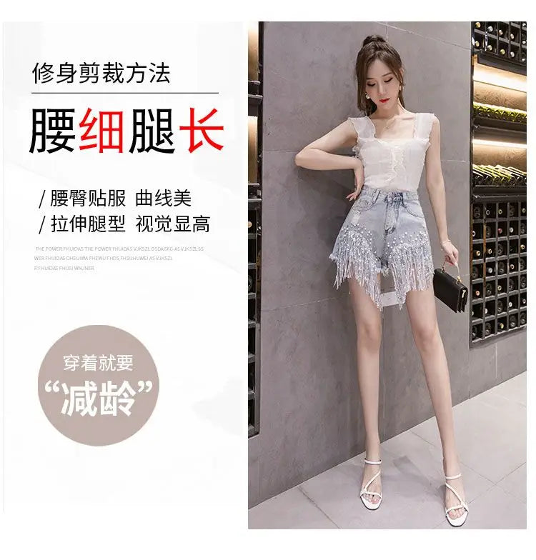 2026 Summer New Personalized Denim Shorts Women's High Waist Diamond Inlaid Heavy Industry sequins Tassel Denim Hot Pants Trendy