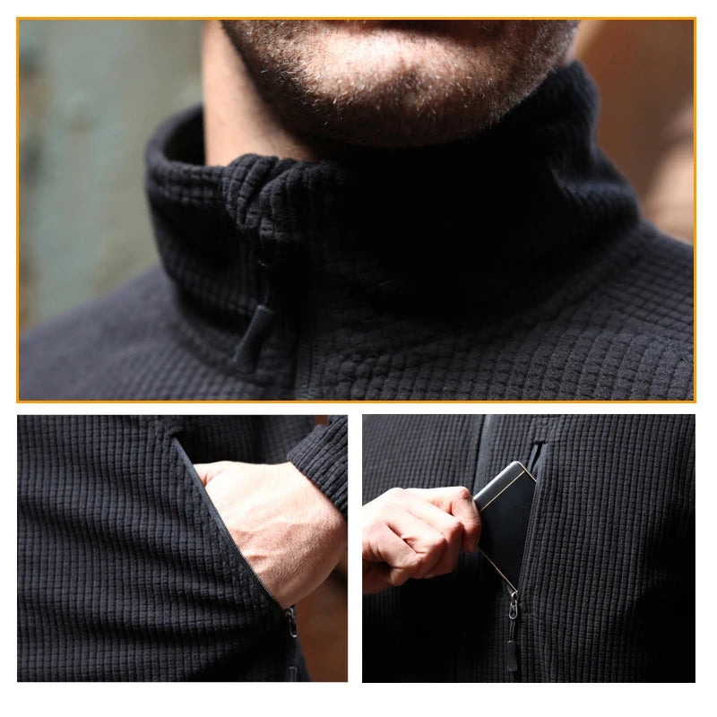Men's Tactical Grid Fleece Jacket Full Zip Stand Collar Warm Windproof Outdoor Hiking Fishing Fleece Coat Base Layer