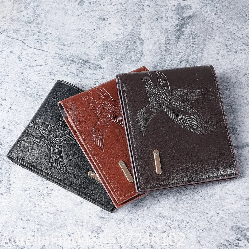 Men Slim Short Wallet Soft‑Leather Eagle‑Pattern High‑Appearance Coin Purse Card Holder For Student Youth Daily Travel Storage Accessory