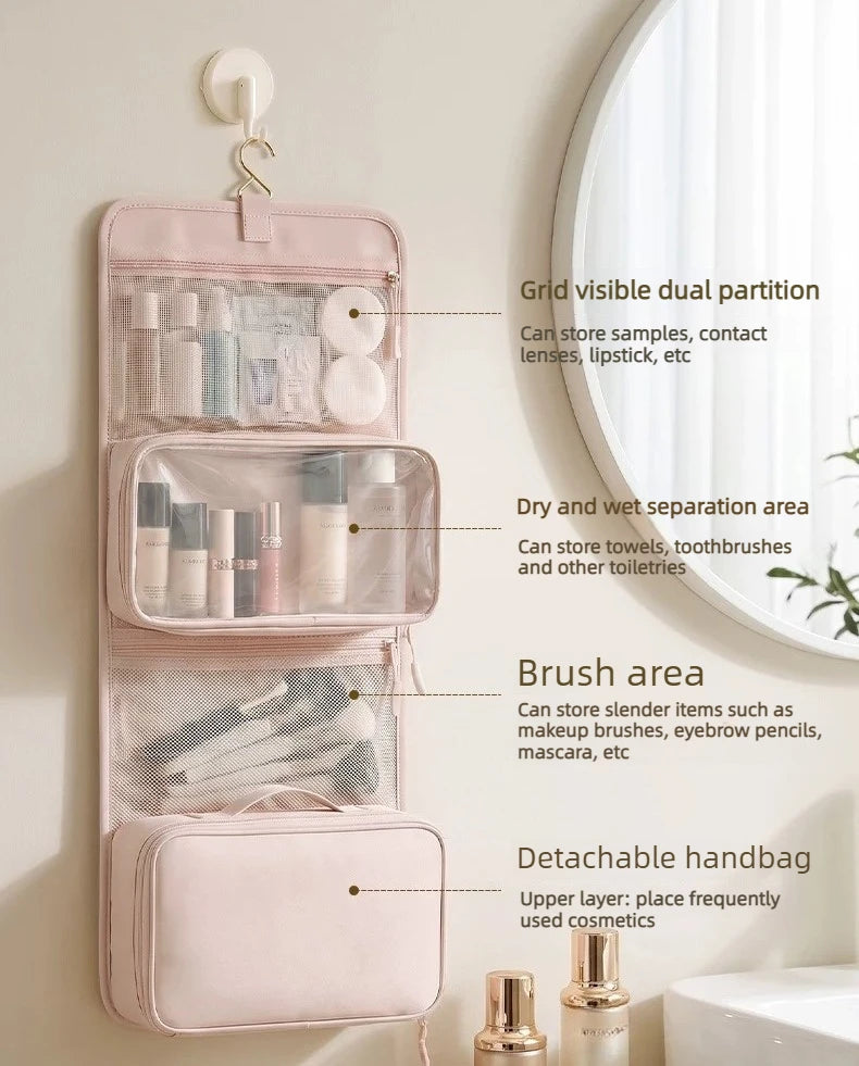 Large Capacity Hanging Toiletry Bag for Women, Waterproof Travel Cosmetic Organizer with Dry Wet Separation Folding Wash Pouch