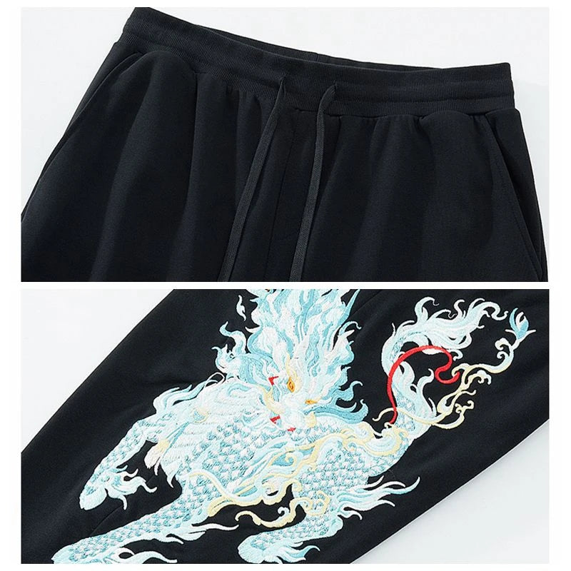 Lyprerazy Men's Casual Pants Embroidered Cotton Sweatpants National Tide Loose Straight Elastic Waist Pants