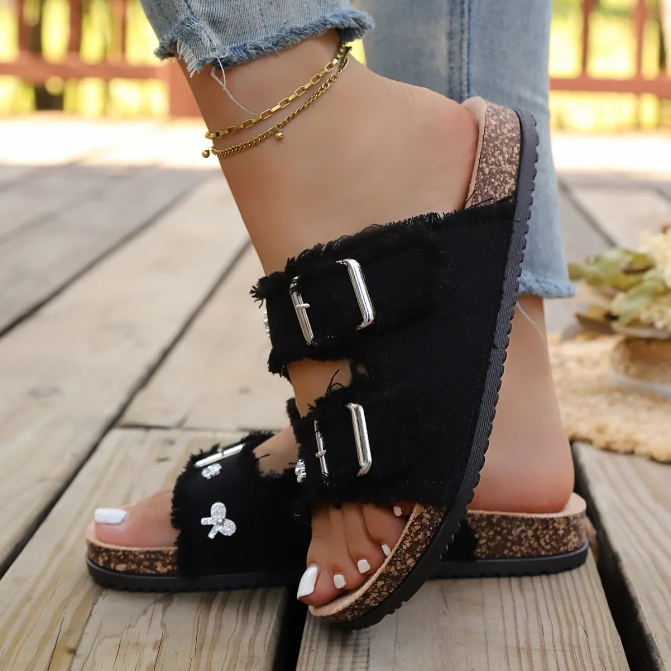 Denim Women Slippers Buckled Fringe Hem Double Strap Slippers Comfortable Sandals Slip-on Beach Shoes Ladies Casual Slides Women