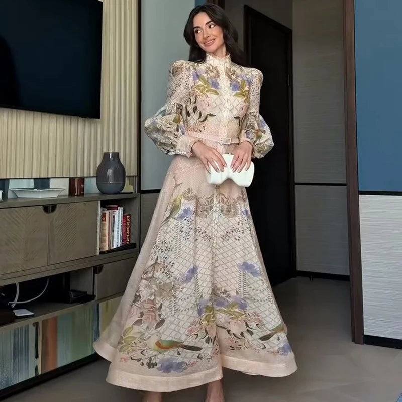 Elegant Women's Printed Long Dresses Loose O-neck Flared Half Sleeve Big Hem Wide Female Dresses 2026 Summer Lady HolidayRobes