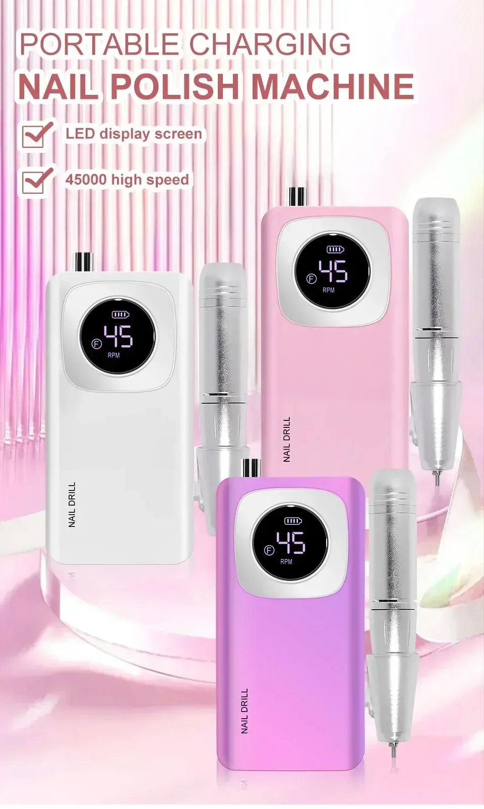 Original 45000RPM Professional Rechargeable Electric Nail Drill Machine Portable Cordless Nail File For Acrylic Gel Nails Remove