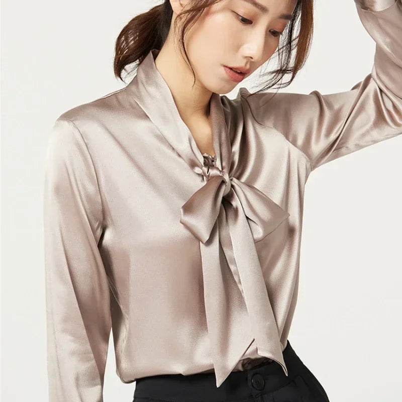 Heavyweight Mulberry Silk Shirt Women's 2025 Spring And Autumn New Long Sleeve Satin Silk Blouse V-neck Bow Ribbon Shirt