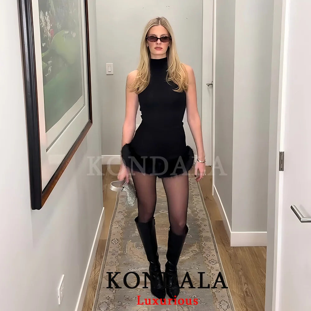 KONDALA Sexy Chic Black Fur Patchwork Shorts Women Fashion 2026 Party Evening Club Wide Leg Shorts Elegant Y2K Girl New Year