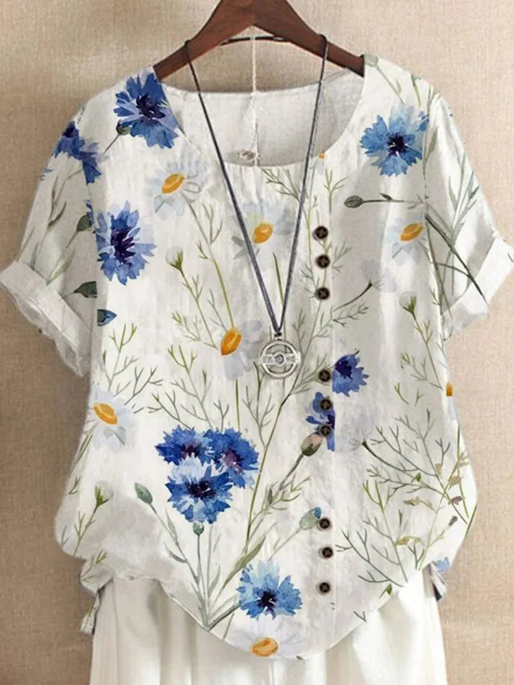 2025 Summer retro fashion printed loose casual shirt top, suitable for casual or vacation ladies' beachwear