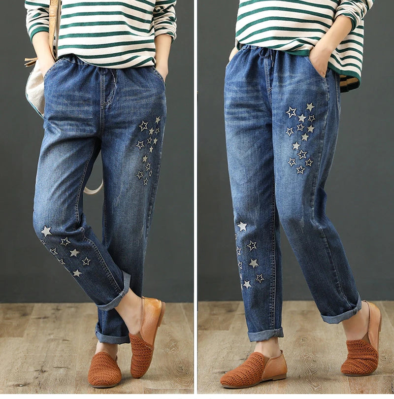 Women's Denim Pants Vintage Flower Embroidery Chinese Hand Work High Quality Casual Loose Jeans China Clothing Factory Wholesale