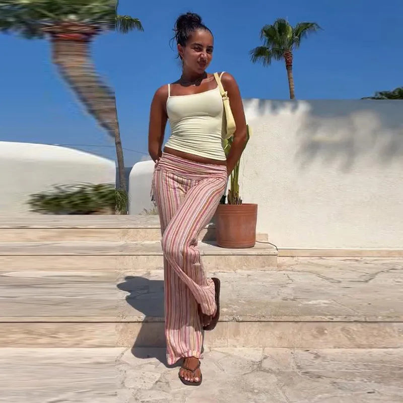Color Vertical Stripe Women's Wide Leg Pants Folded Wide Waistband Side Thin Drawstring Tie Relaxed Drape Length Casual Pants