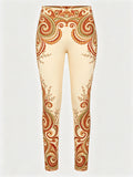 Women Fleece‑lined Mid‑rise Leggings Bohemian Paisley Floral Tribal Border Print Slim Stretch Winter Casual Pants