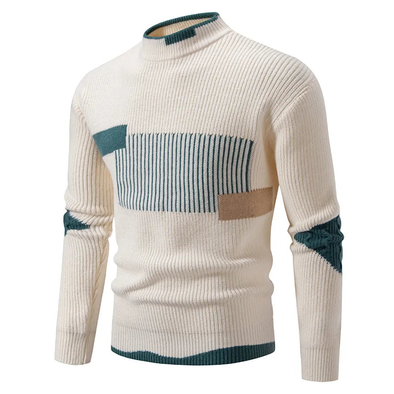 High Quality Men's New Autumn Winter Sweaters Casual Warm Mock Neck Pullovers Trend Color Blocking Design Men Sweaters Knit Tops