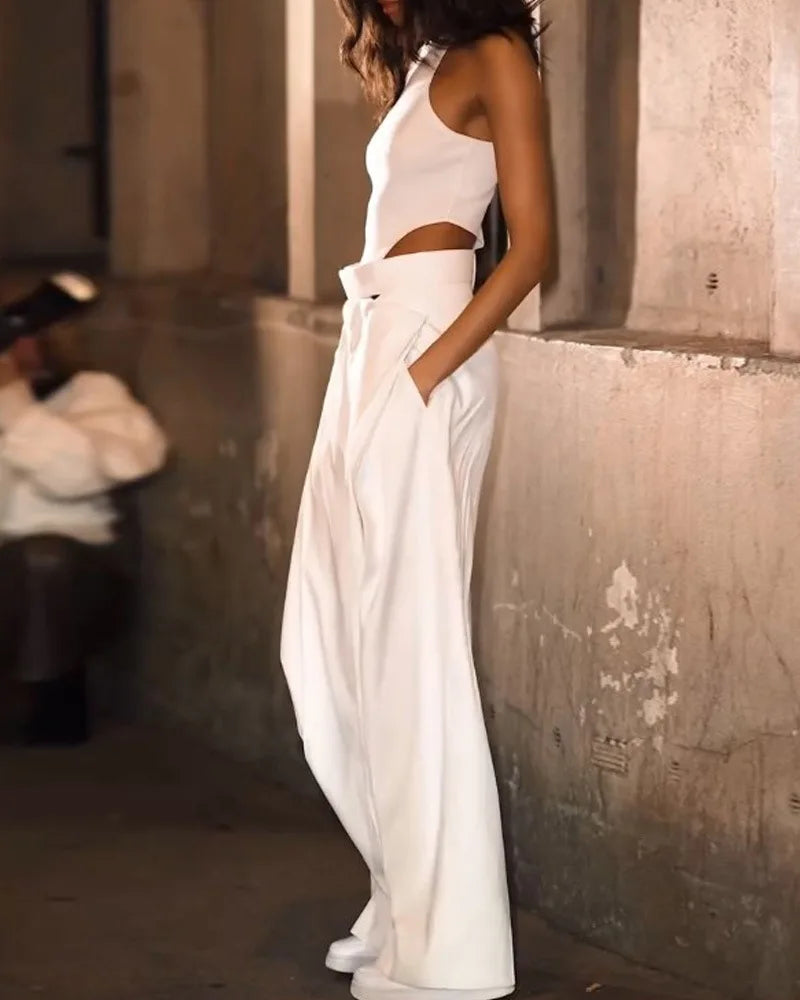 2025 Elegant White Jumpsuit Round Neck Sleeveless Hollow Irregular Slim High Waist Wide Leg Rompers High Street Women's Clothing