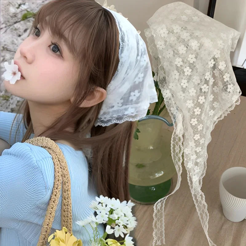 Summer Headwear Headdress with French Pastoral Triangle Hair Scarf Women Girls Lace Band