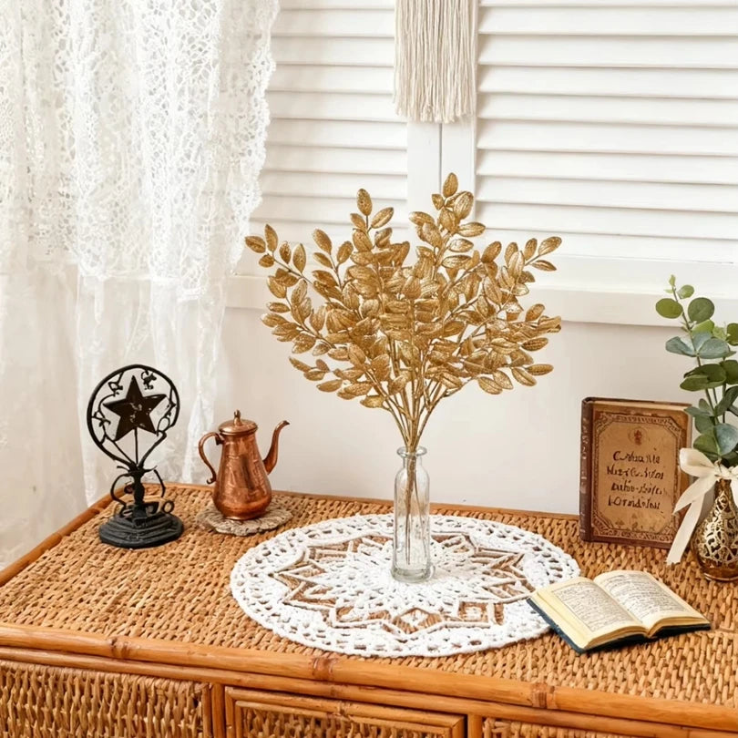 10Pcs Artificial Plants Golden Leaves Festival Home Room Table Decora Outdoor Wedding Garden Yard Garland Wreath DIY Gifts Prop