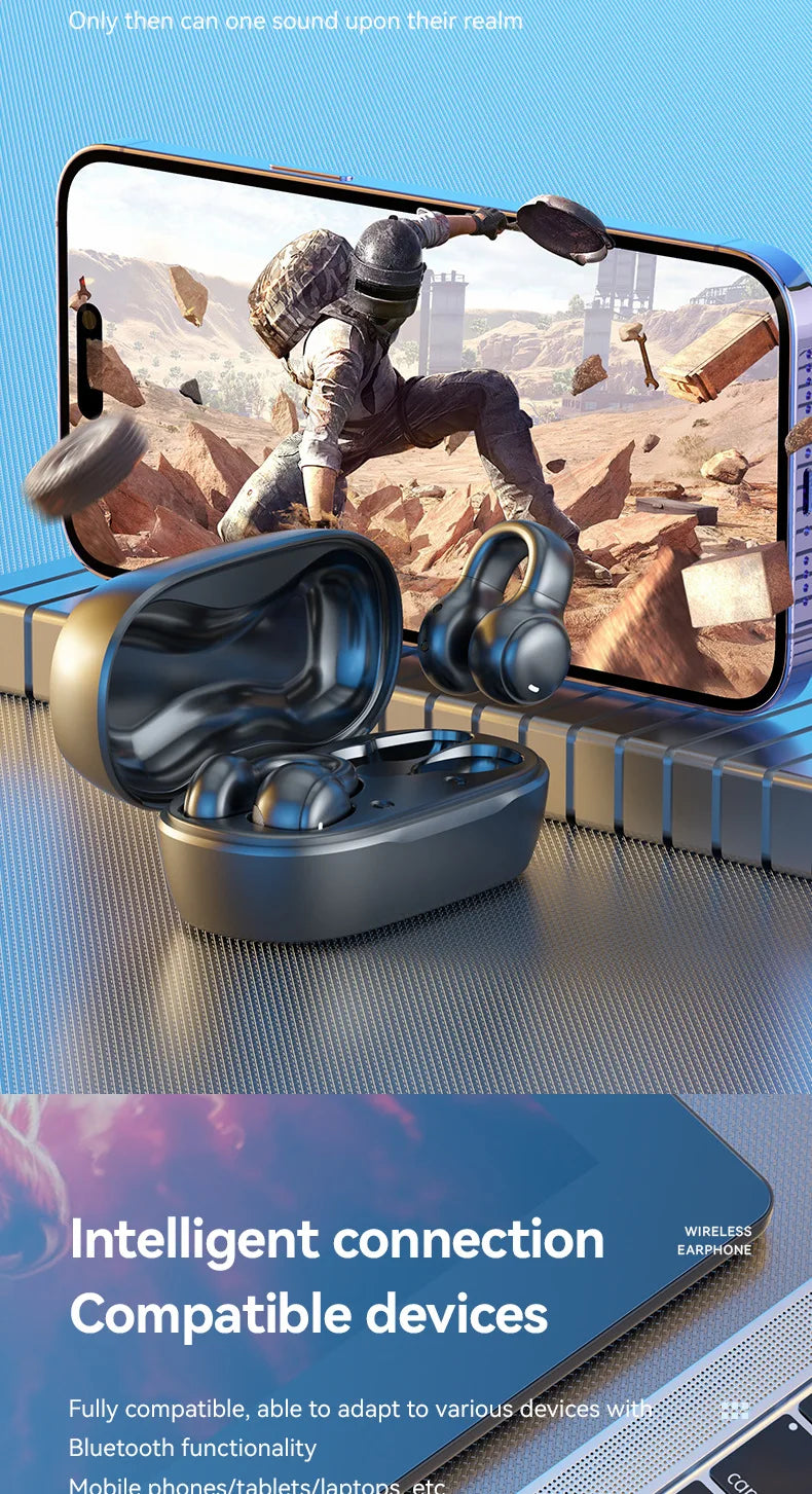 New Ear Clip Bone Conduction Bluetooth Earphones Sports Gaming Earbuds HiFI Stereo Sound Headphones TWS Earbuds With Microphone