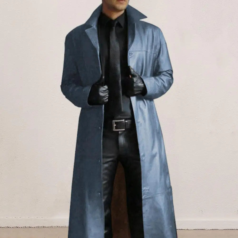 Men Faux Leather Jacket Stylish Men's Faux Leather Trench Coat with Turn-down Collar Windproof Design Slim Fit for Long