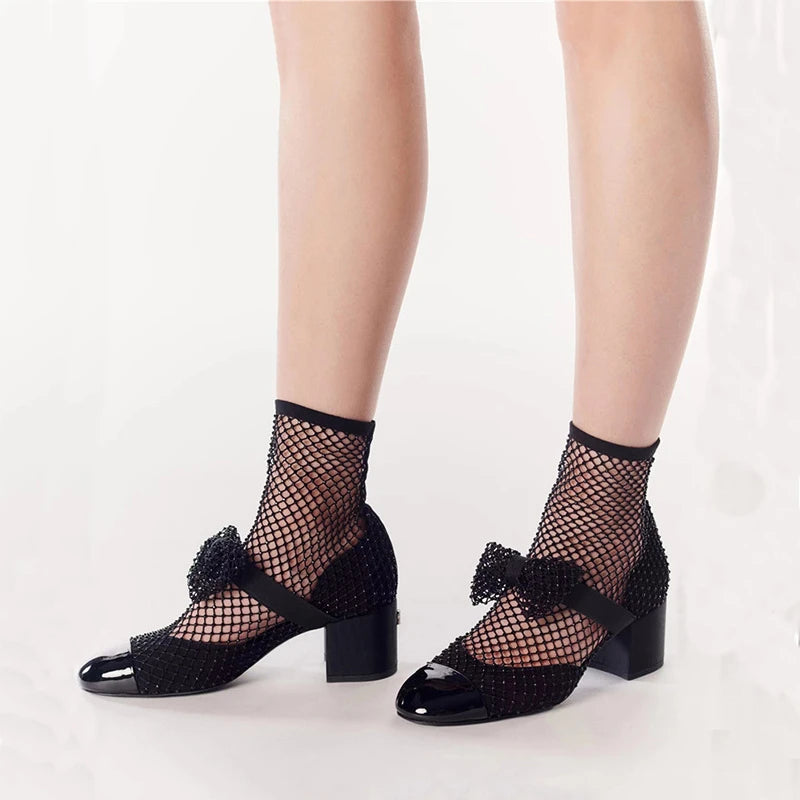 Spring Summer 2023new Rhinestone Bowkno Sexy Mesh Boots High Heels Small Fragrance Style Sandals Europe America Big Size 45 46