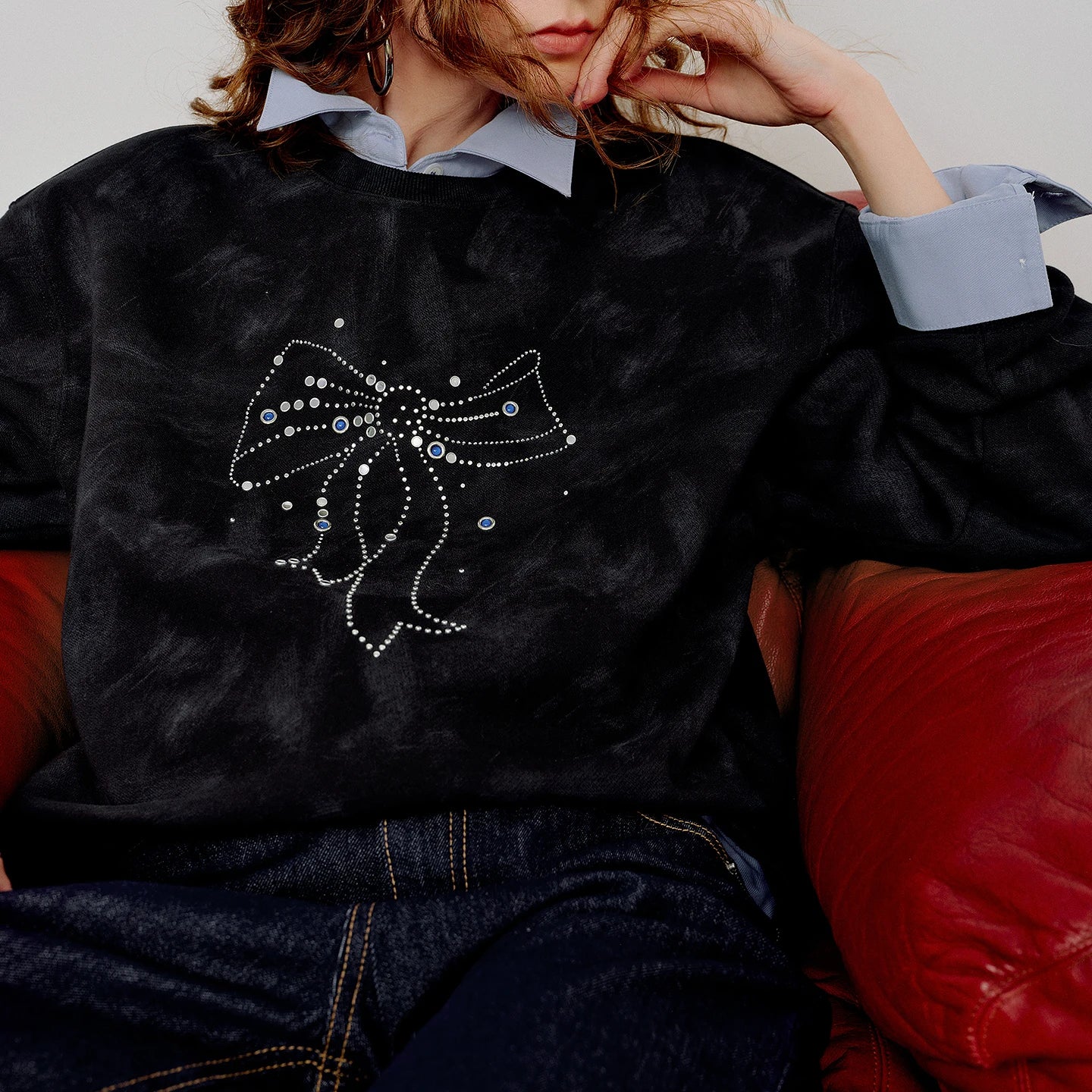 TOYOUTH Women Batik Cotton Sweatshirts 2026 Spring New Bow Rhinestone Crew Neck Loose Black Tops