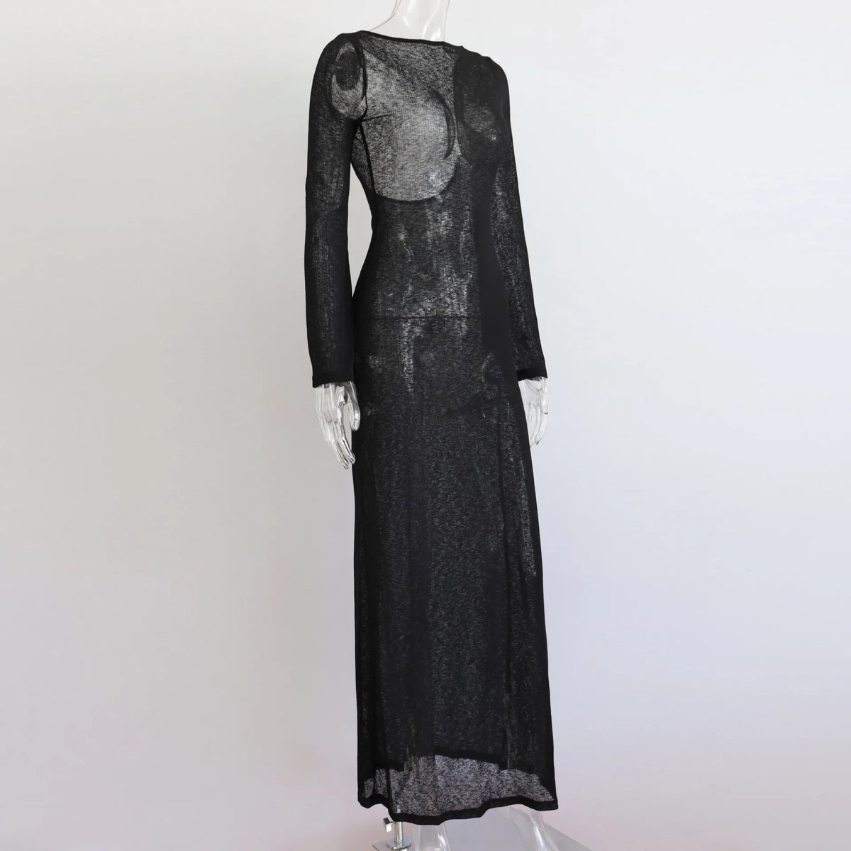 Women Summer Mesh Wrapped Dress Long Sleeve Round Neck See Through Sunscreen Solid Color Backless Beach Long Dress