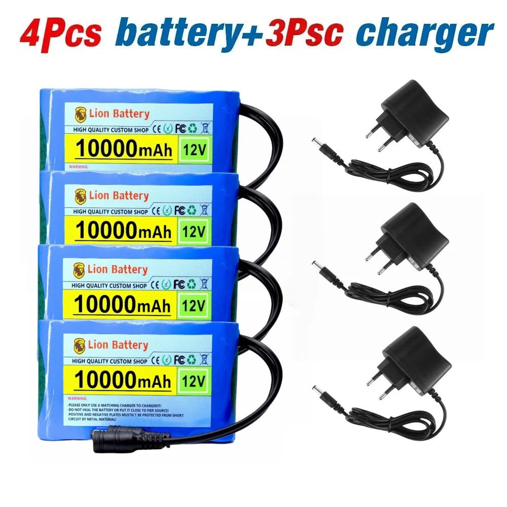 Original New Portable 12V Battery,10000mAh Rechargeable Lithium-ion 18650 Battery Pack, DC 12.6V Charger, CCTV Audio Amplifier