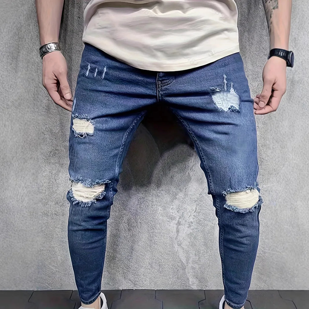 New Men's Fashion Ripped Skinny Jeans Street Style Vintage Washed Solid Holes Denim Trousers Male Casual Slim Pencil Denim Pants
