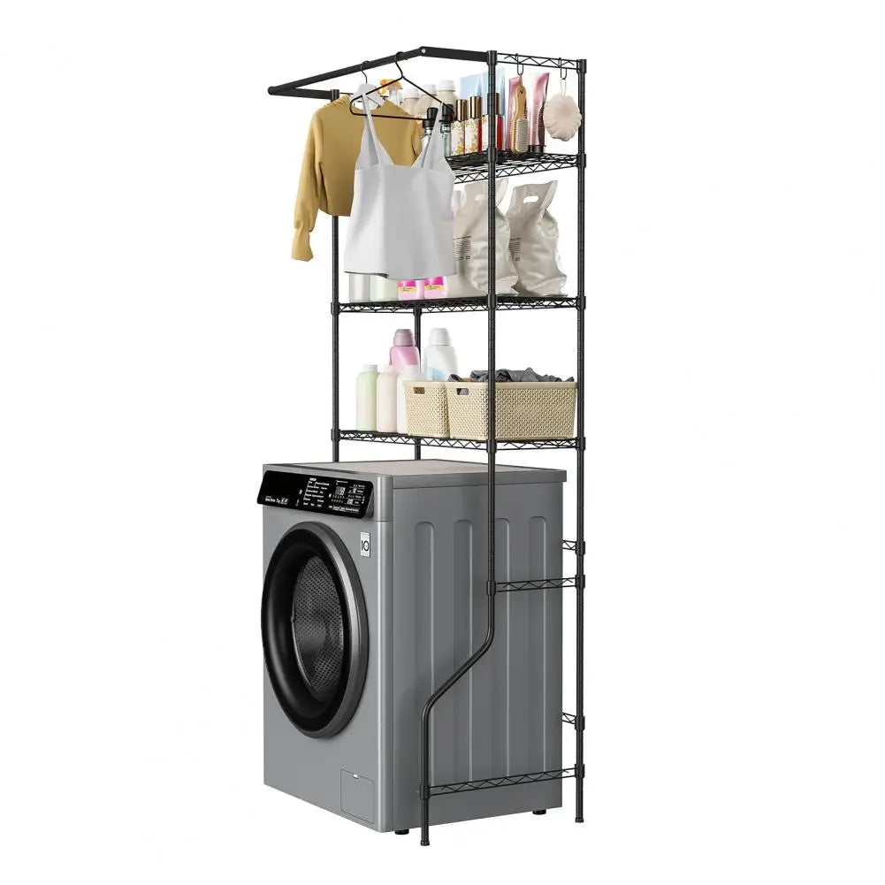 Washing Machine Shelf 3 Tiers Storage Rack Adjustable Height Metal Freestanding Clothes Drying Rack with Hanger Rod & Hooks