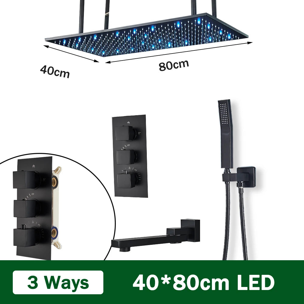Rozin Brass Thermostatic Shower Faucet Black 40*80cm Ceiling Rainfall Shower Head Mixer Tap Concealed Install Bathroom Faucets