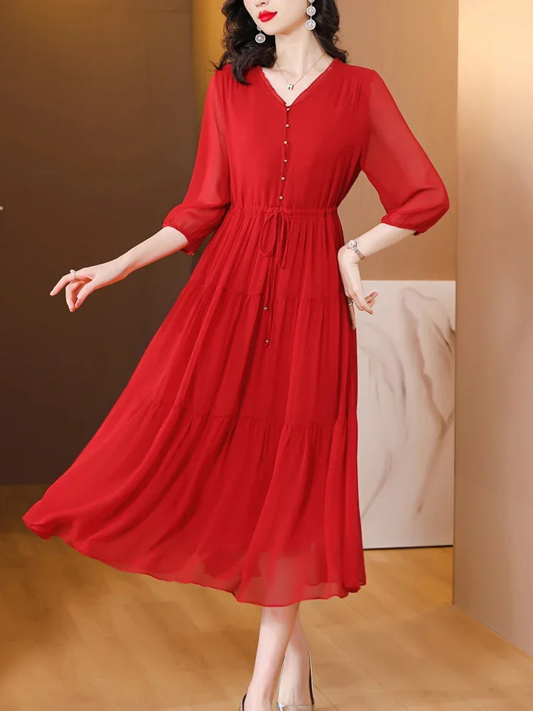Summer New Silk Red Vintage Loose Midi Women Elegant Bodycon Evening Dress Bandage Casual Holiday Party Pretty Dress XQ295