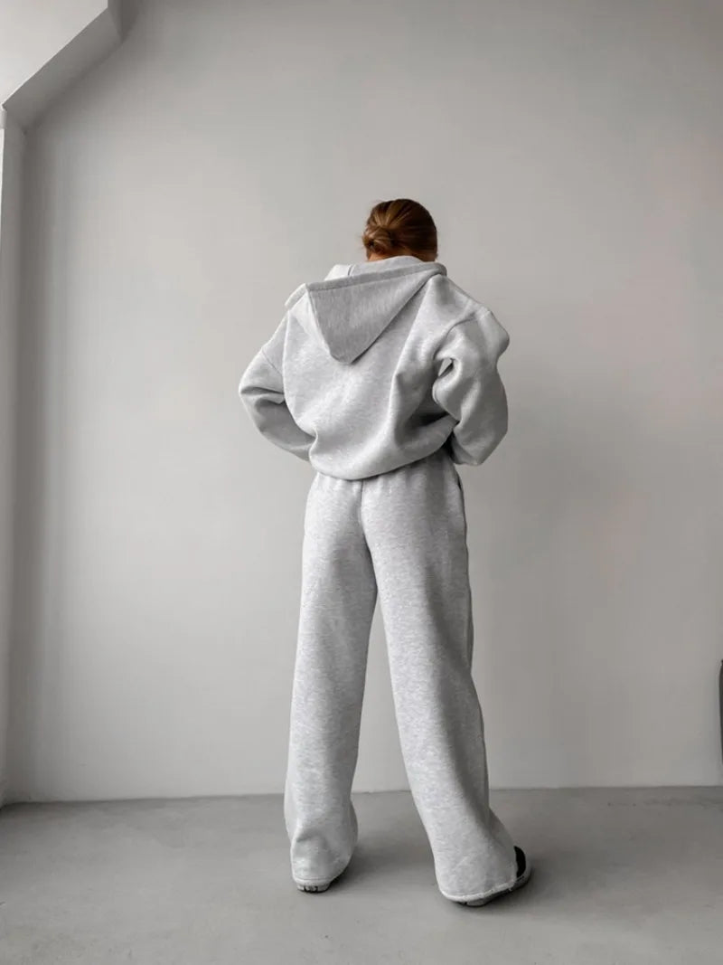 Women's Casual Suit Solid Color Long Sleeve Hooded Cardigan Pocket Sweater Elastic Pants Two-piece Set