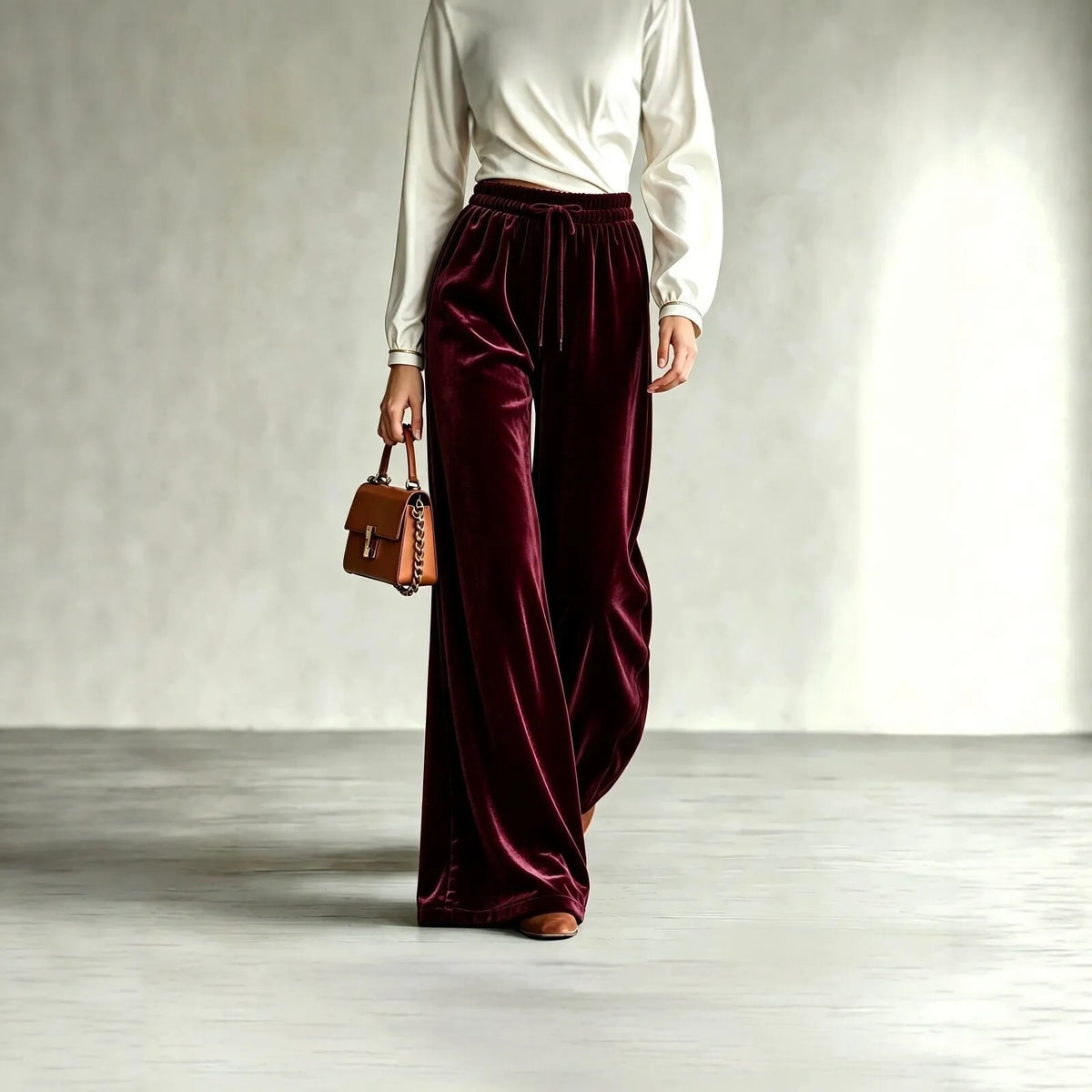 New Winter Women's Velvet Wide-leg Pants Drawstring High-waisted Pants Trousers