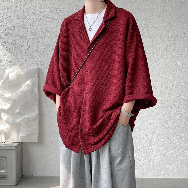 LEGIBLE Spring Summer Solid Shirts Men Casual Oversized Three Quarter Shirts Male Loose Fit Shirt for Man