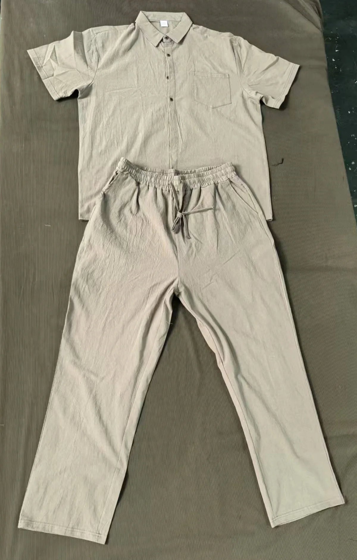 Men's Summer Beach Casual Cotton Linen Shirt Two-Piece Set with Lapel Pocket Long Pants And Shor Fashionable Breathable Clothing