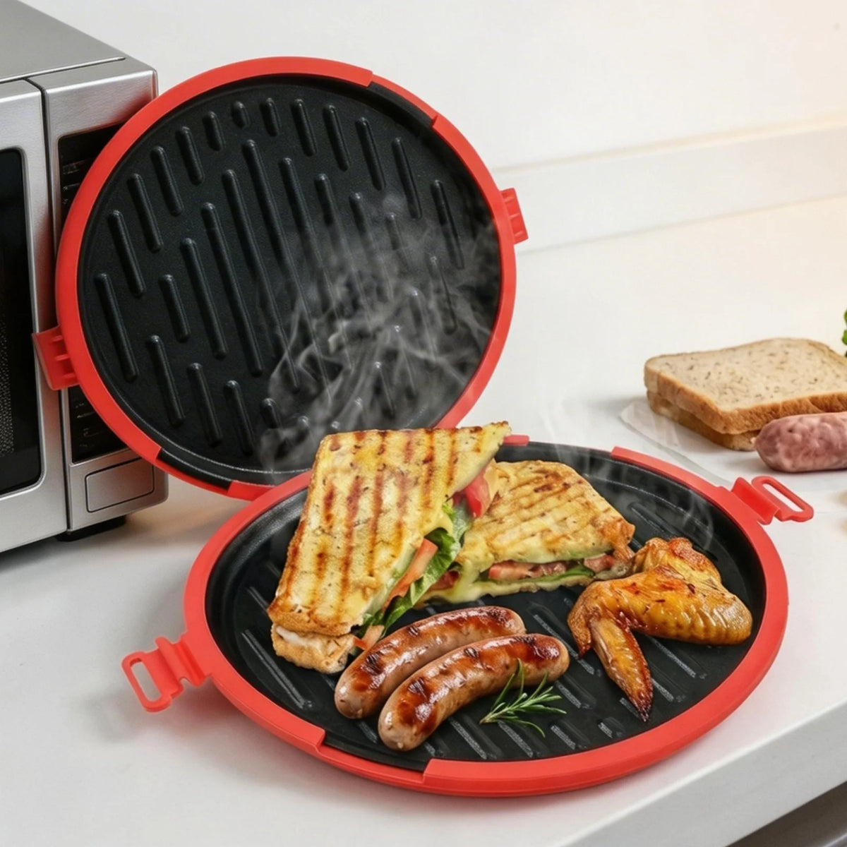 Microwave Sandwich Maker Microwave Grill Pan with Silicone Anti Scald Sleeve Microwaves Bacon Cooker Cookware Kitchen  Accessory