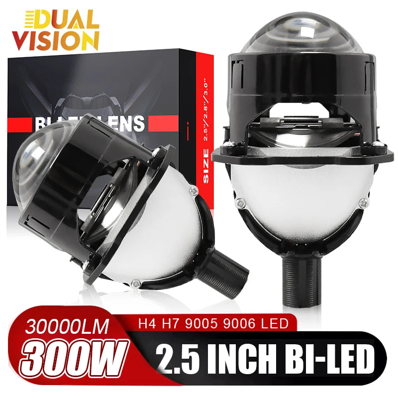 2.5 Inch Bi Led Projector Lens Led Light H4 H7 9005 9006 Car Headlight Bulb High Low Beam 6000K Diode 300W 30000LM Turbo Tuning
