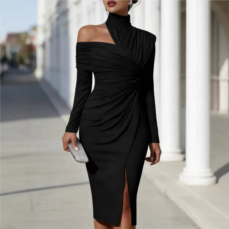 Women's Elegant Off Shoulder High Neck Midi Dress Long Sleeve Ruched Bodycon Package Hip Dress With Slit Formal Party Dress New