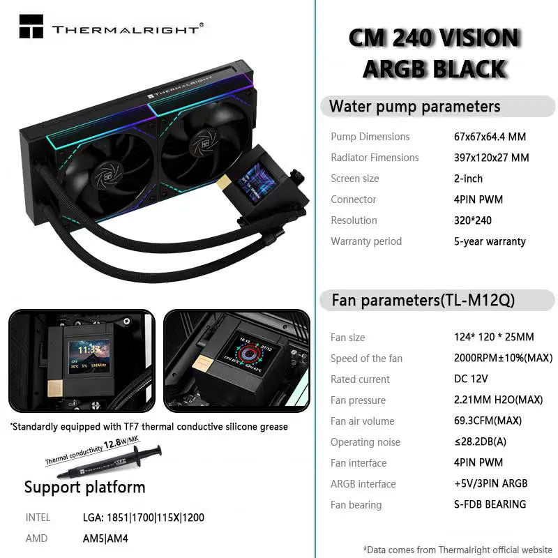 Thermalright CORE MATRIX 240 VISION 240MM All-in-one CPU Liquid Cooler 2” 320*240 resolution IPS LCD support LGA 1851 AMD AM5