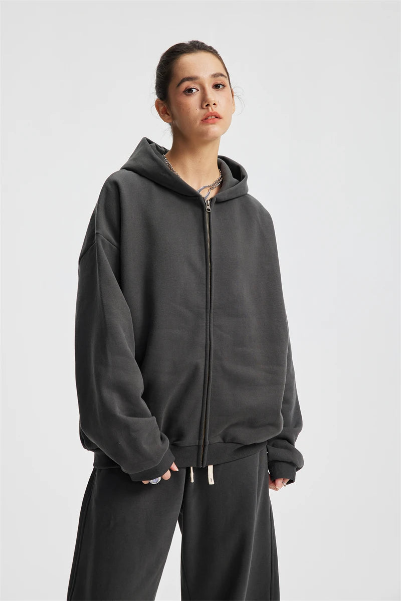 ZODF Trendy Winter Man Warm 430gsm Fleece Zipper Hoodies Unisex Solid Loose Zip-Up Hooded Coats Brand Outfit HY1130