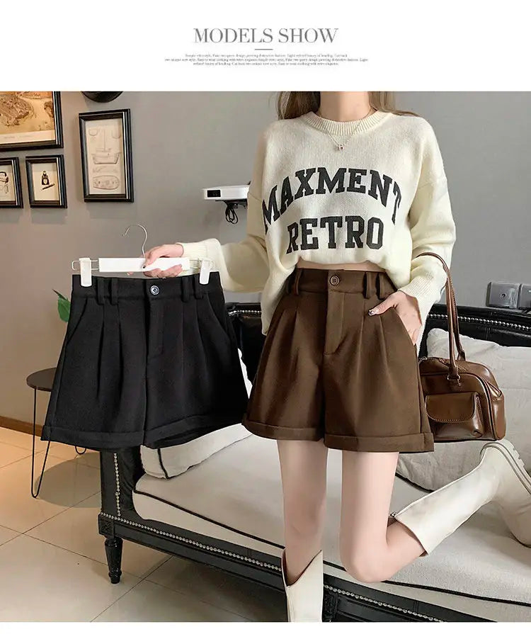 Women Office Lady Summer 2025 Solid Brown Thick High Waist Shorts Korean Style Wide Leg Boot Pants