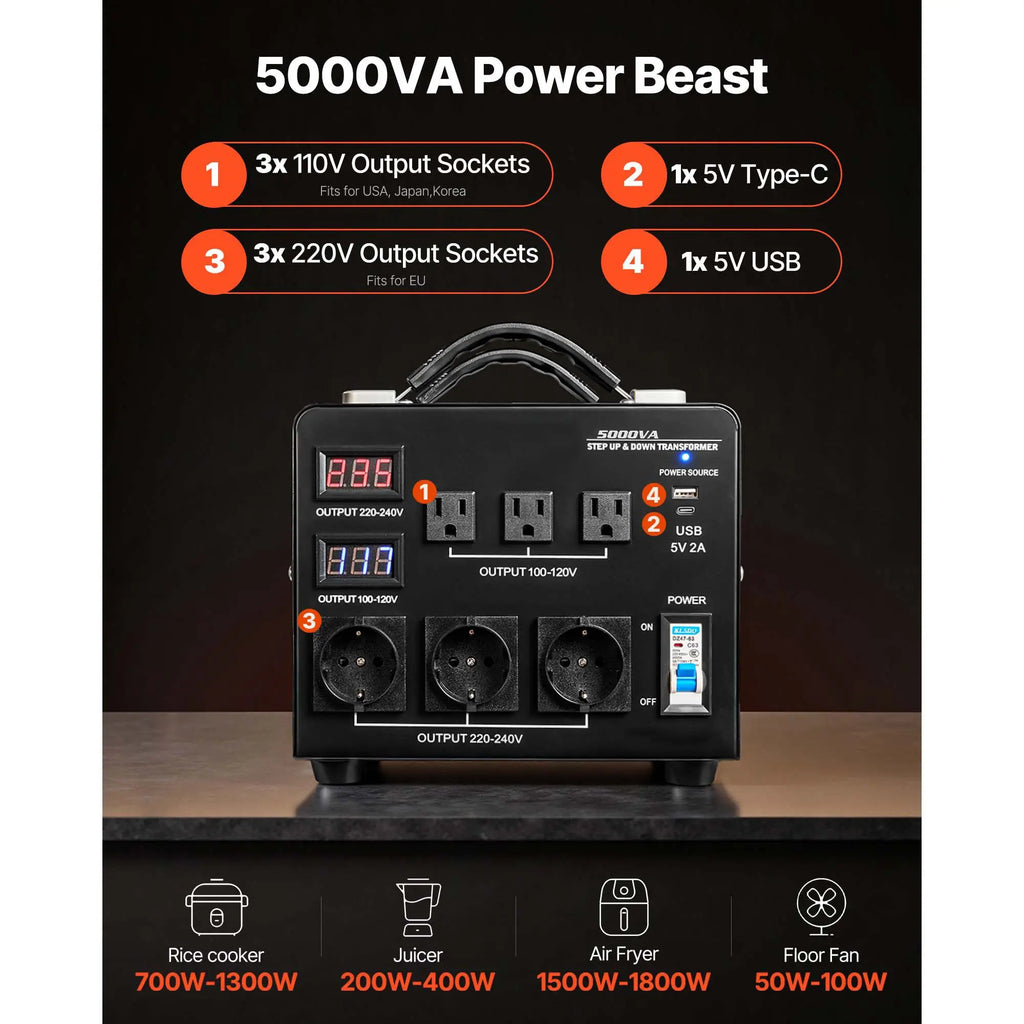 Voltage Auto Converter Transformer, 5000VA, Heavy Duty Step Up/Down Power Transformer, 110V to 220V and 220V to 110V, with 3 US