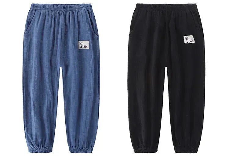 Children Trousers For Boys Girls Cotton Linen Elastic Waist Solid Color Summer Mosquito Pants Kids Clothing Long Pants 100-160cm