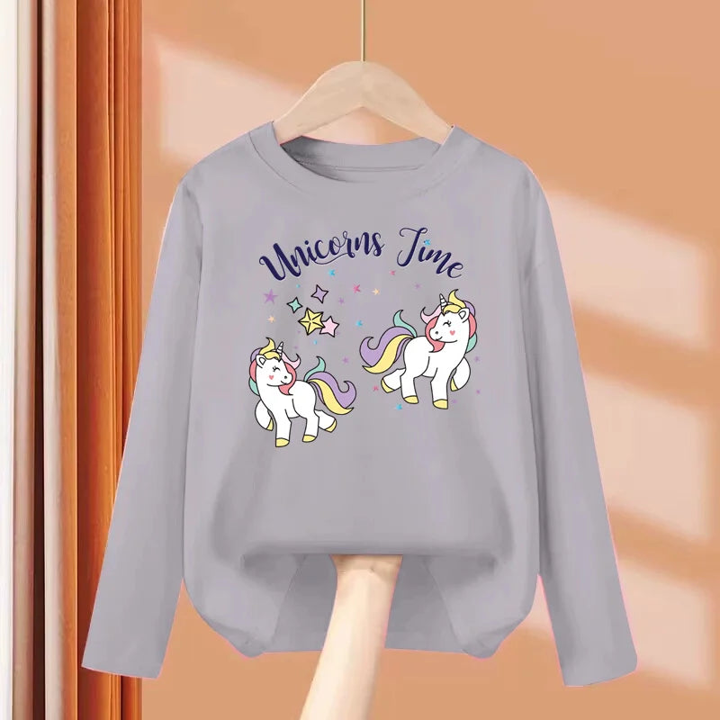 Aimi Lakana Baby Pony Cartoon Clothing Children Spring Fall T-Shirt Kids Long Sleeved O-Neck Tops Girl Unicorn Tees 3-14T