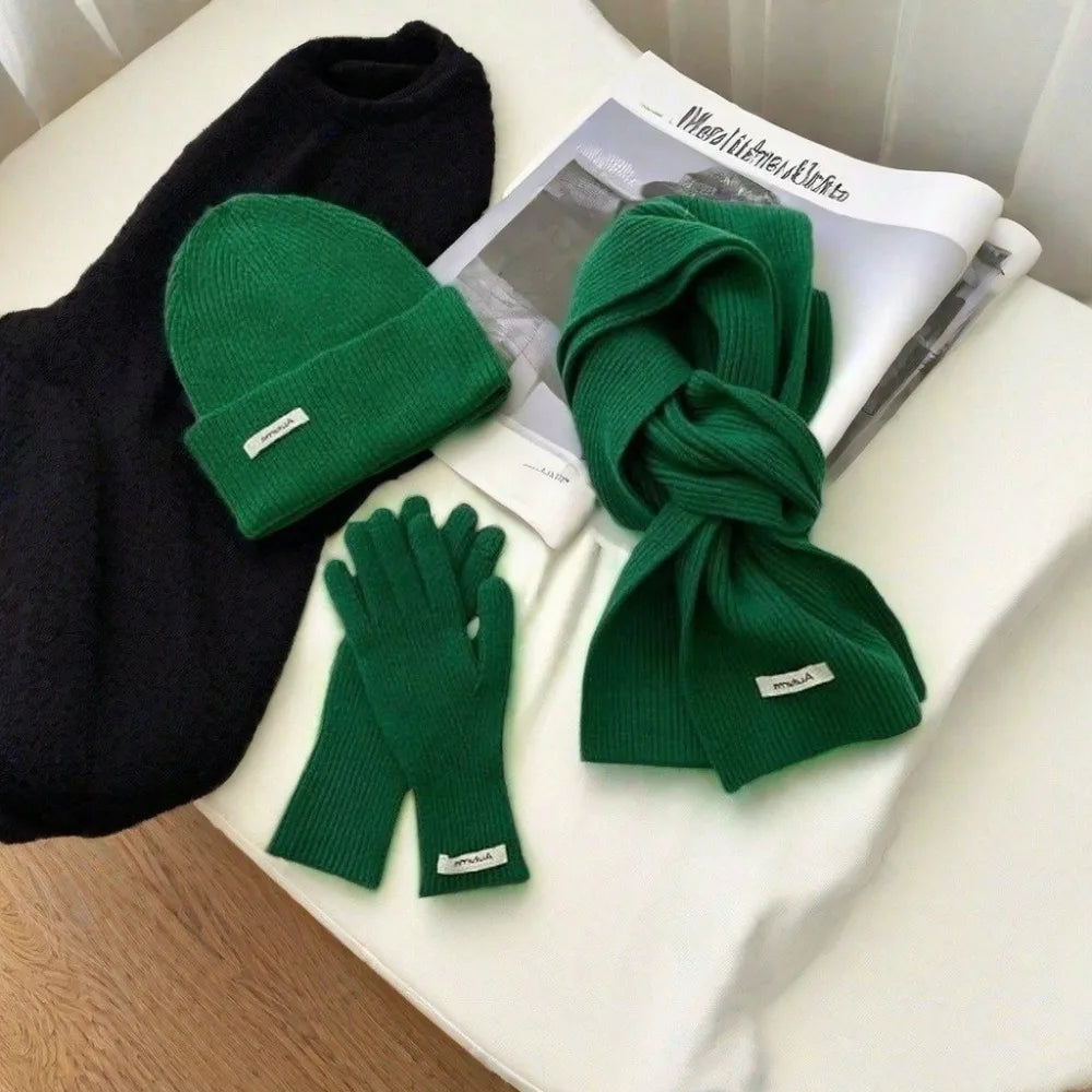 Knitted Winter Scarf Woman Solid Color Hat Scarf Gloves Women's Windproof Adult Three-piece Set Fashion Women's Scarf Hat Set