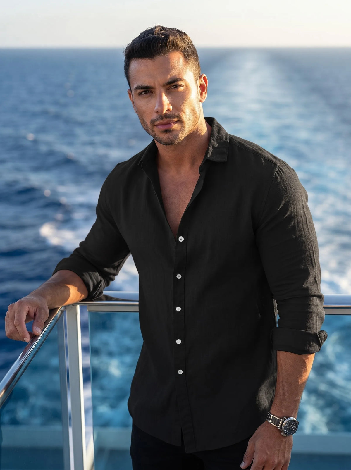 Mens Solid Cotton Long Sleeve Shirt Classic Collar Black Contrast Buttons Rollable Cuff Design Thin Summer Urban Daily Casual Slim Fit Shirt