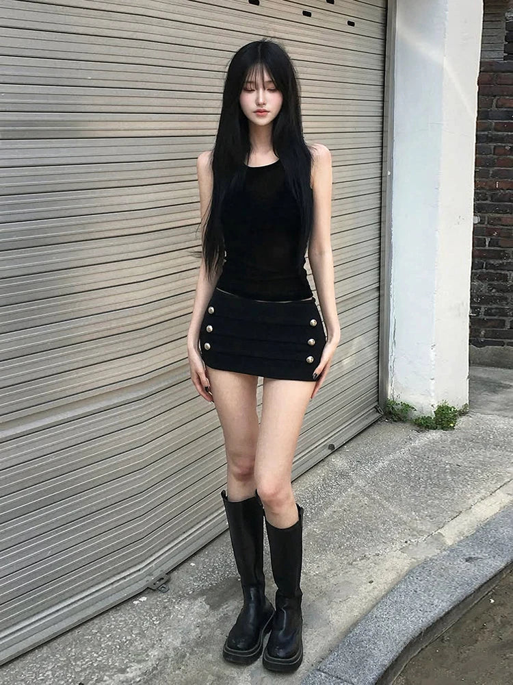 Nibber High Elasticity Hottie Double-Breasted Decoration Short Women Folds Elastic Waist Midnight 2026 Summer Fashion Streetwear