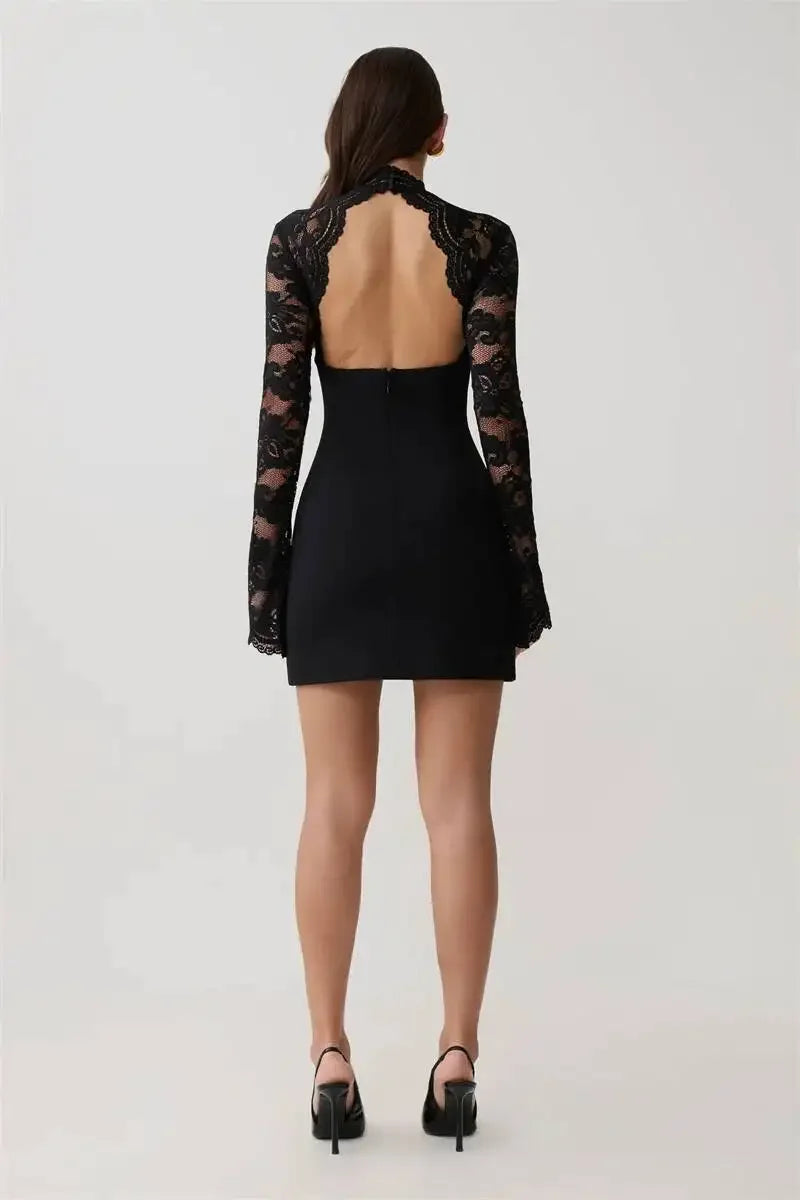 Women Elegant Lace Patchwork Sexy Mini Dress Fashion High Neck Long Flare Sleeve Backless Bodycon Club Party Dresses